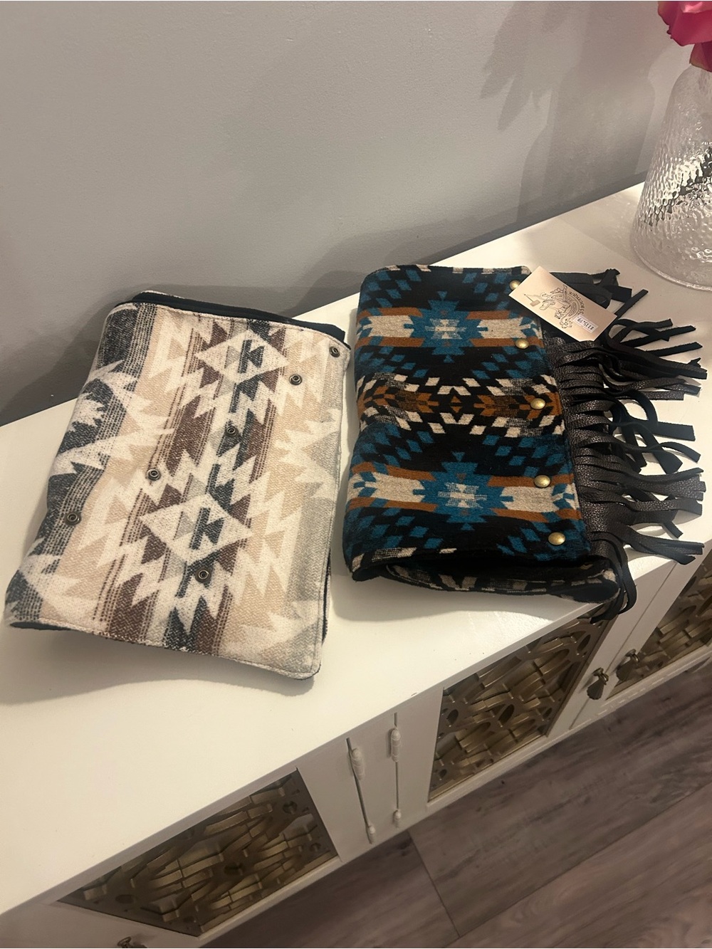 Aztec Pattern Fringe wild rags  - Blue & Tan